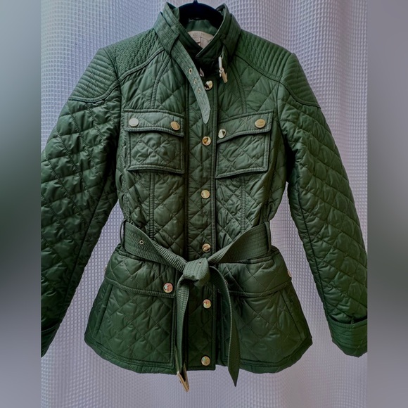 Green Burberry Diamond Quilted Utility Belted Field Jacket Gold Buttons S Small - Picture 4 of 10